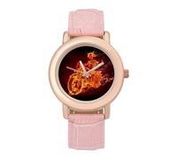 Orologio analogico al quarzo da donna, elegante, con scheletro che brucia su una moto, orologio da polso con cinturino in pelle, Stile:, regular, Cinturino