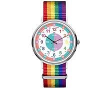 Orologio analogico con cinturino arcobaleno per bambini, numeri delle ore codificati a colori per un facile apprendimento del tempo