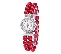 Orologio analogico da polso da donna, cinturino con perle, stile casual, alla moda, Rosso, misura unica