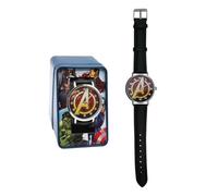 Orologio analogico per ragazzi con cinturino in pelle artificiale e confezione regalo in metallo, orologio da polso Avengers colorato e dipinto con personaggi Disney
