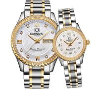 Orologio automatico da uomo e da donna, in acciaio inox, color oro e argento, set da 2, Argento Oro Bianco, Meccanico