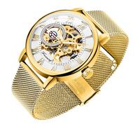 Orologio automatico da uomo unico, con quadrante trasparente e scheletro cavo, cinturino in maglia color argento, Oro Bianco, Orologio automatico