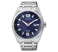 Orologio Citizen Titanium Eco-Drive (energia solare), quadrante blu rotondo, cassa e cinturino in titanio argento, vetro zaffiro antigraffio e datario, AW1240-57M