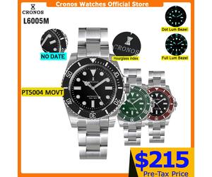 Orologio Cronos Sub Diver da Uomo Senza Data PT5000 Bracciale Spazzolato Lunetta in Ceramica Resistente all'Acqua fino a 200 Metri