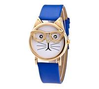 Orologio da donna al quarzo con quadrante a forma di gatto, alla moda, con occhiali, orologio da donna, Blu, One Size, Cinturino