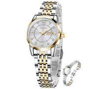 Orologio da donna alla moda con diamanti, analogico, al quarzo, in acciaio inox, impermeabile, con data, due toni, Oro Argento-NKLH-T-L8102, round, Orologi di moda