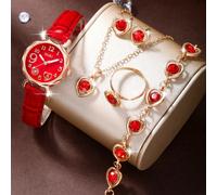 Orologio da donna, orologio al quarzo casual alla moda, quadrante a forma di cuore color pesca, abbinato a un set di gioielli con collana a forma di cuore, orecchini, bracciale e anello, adatto per l'