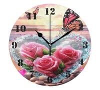 Orologio da Muro,Heart-Shaped Crystal Clear Glass Roses Butterfly Beach Sea,Decorativo Orologio da Parete Moderno Orologi da Cucina per Cucina Casa 25cm
