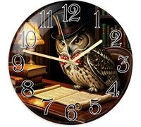 Orologio da parete con gufo, stile vintage, classico, con papillon e libri, silenzioso, per camera da letto, ufficio, classe, studio, stanza, decorazione, 30 x 29 cm