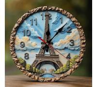 Orologio da parete decorativo a batteria, 25,4 cm, moderno, in legno, Torre Eiffel, cielo blu, stampa 2D, senza ticchettio, silenzioso, orologio da parete per soggiorno, ufficio, camera da letto