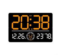Orologio da parete digitale a LED con ampio display che mostra ora, data, temperatura e funzioni sveglia, tra cui telecomando e conto alla rovescia per l'uso (arancione)