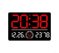 Orologio da parete digitale a LED con ampio display che mostra ora, data, temperatura e funzioni sveglia, tra cui telecomando e conto alla rovescia per l'uso (rosso)