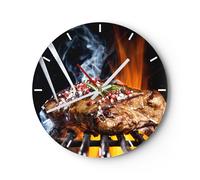 Orologio da Parete in Vetro 30x30cm Bistecca griglia fiamme cibo Silenzioso