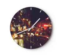 Orologio da Parete in Vetro 30x30cm città notte strada Moderno Silenzioso