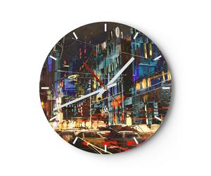 Orologio da Parete in Vetro 30x30cm città notte strada Moderno Silenzioso