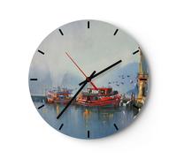 Orologio da Parete in Vetro 30x30cm porto lanterna barca Moderno Silenzioso