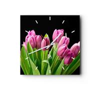 Orologio da Parete in Vetro 30x30cm Tulipani Bouquet rugiada gocce Silenzioso