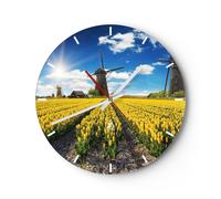 Orologio da Parete in Vetro 30x30cm Tulipani Mulino a vento Prato paesaggio