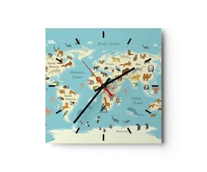 Orologio da Parete in Vetro 40x40cm Animali il mondo mappa Moderno Silenzioso