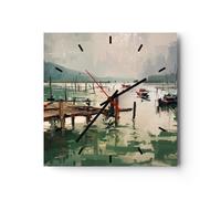 Orologio da Parete in Vetro 40x40cm barca riva ponte Moderno Silenzioso