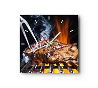 Orologio da Parete in Vetro 40x40cm Bistecca griglia fiamme cibo Silenzioso