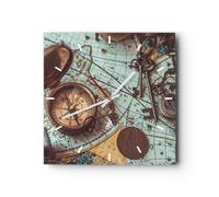 Orologio da Parete in Vetro 40x40cm Bussola Vintage Mappa Moderno Silenzioso