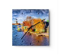 Orologio da Parete in Vetro 40x40cm Campagna Mulino a vento Acqua villaggio