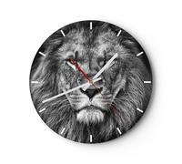Orologio da Parete in Vetro 40x40cm Ritratto Leone Bianco E Nero Silenzioso