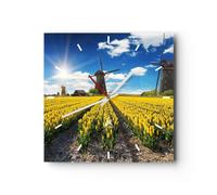 Orologio da Parete in Vetro 40x40cm Tulipani Mulino a vento Prato paesaggio