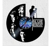 Orologio da parete in vinile, gruppo con microfono, 30 cm | Quattro ritratti e una silhouette di cantante con supporto microfono, con quadrante blu con motivi grafici.