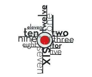 Orologio da parete LETTERING Dimensioni 54x h66 cm costituito da due parti di colori diversi: la base è composta da un insieme di lettere che rappresentano le ore colore Nero/Bianco marmo