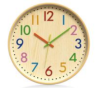 Orologio da parete per bambini, senza ticchettio, 30 cm, con numeri colorati, silenzioso, al quarzo, orologio da parete moderno, con venature del legno, per cameretta dei bambini, ragazzi, ragazze