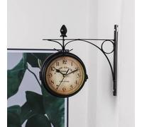 Orologio da parete per esterni da appendere, retro, bifacciale, alimentato a batteria, supporto in metallo, decorazione vintage per bar da giardino, stazione rotonda Black