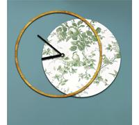 Orologio da parete rotondo ANITA Moderno Diametro 60-max 75 x5 cm in legno con lancette nere , Foglie verdi e foglia oro