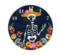 Orologio da parete rotondo con teschio, Giorno dei morti messicano con cappello sombrero e cornice floreale Orologio da parete rotondo silenzioso Decorativo da parete per la camera da letto Uff