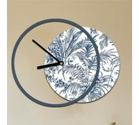 Orologio da parete rotondo INES Moderno Diametro 60-max 75 x5 cm in legno con lancette nere , Foglie tropicali Blu blu