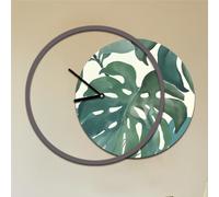 Orologio da parete rotondo MONSTER Moderno Diametro 60-max 75 x5 cm in legno con lancette nere , foglie di Monstera Verdi verde