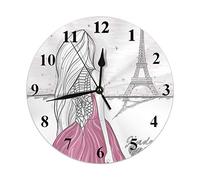 Orologio da Parete Rotondo Torre Eiffel,Ragazza Parigina Romantica Disegnata a Mano in Abito Rosa Guarda la Torre Eiffel Orologio da Parete Rotondo Silenzioso Decorativo da Parete per Camera da