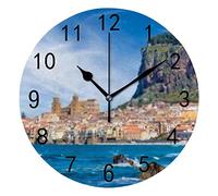 Orologio da Parete Silenzioso Senza Ticchettio Blu Mar Tirreno Costa della Sicilia Orologio Rotondo Decorativo a Batteria alla Moda per Camera da Letto Ufficio Scuola Casa Soggiorno,9,8 Pollici