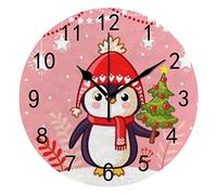 Orologio da Parete Silenzioso Senza Ticchettio Natale Simpatico Pinguino Buone Vacanze Rosa Decorativo alla Moda Orologio Rotondo a Batteria per Camera da Letto Ufficio Scuola Casa Soggiorno,9,8 Polli