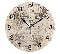 Orologio da Parete Silenzioso Senza Ticchettio Vecchia Mappa Barca a Vela Simboli Nautici Decorativo Alla Moda Orologio Rotondo a Batteria per Camera da Letto Ufficio Scuola Casa Soggiorno,9,8 Pollici