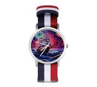 Orologio da polso al quarzo con numeri arabi al neon e barca con onde oceaniche, cinturino regolabile per uomo e donna, Stile:, regular, MHXYZHW