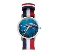 Orologio da polso al quarzo con numeri arabi e squali sottomarini con cinturino regolabile per uomo e donna