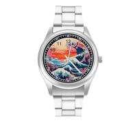 Orologio da polso al quarzo con onde giganti rosse e fiori di ciliegio, in acciaio inox, con numeri arabi, per uomo e donna