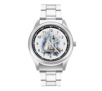 Orologio da polso al quarzo con torre del faro e barca a vela, alla moda, in acciaio inox, con numeri arabi, per uomo e donna, Stile:, regular, MHXYZHW