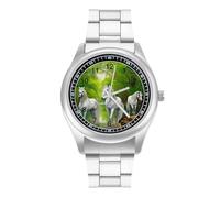 Orologio da polso al quarzo con tre cavalli bianchi e foreste verdi, in acciaio inox, con numeri arabi, per uomo e donna, Stile:, regular, MHXYZHW