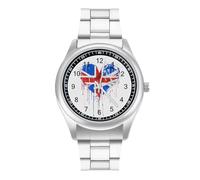Orologio da polso al quarzo personalizzato con bandiera del Regno Unito e cuore, in acciaio inox, con numeri arabi, per uomo e donna