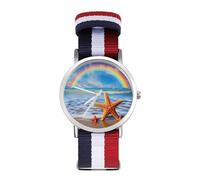 Orologio da polso analogico al quarzo con arcobaleno sopra le nuvole di mare e la spiaggia stelle marine per uomo donna cinturino in nylon orologio da polso, Stile:, regular, Cinturino