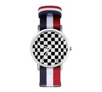 Orologio da polso analogico al quarzo con bandiera a scacchi e cinturino in nylon, per uomo e donna, colore nero e bianco, Stile:, regular, Cinturino