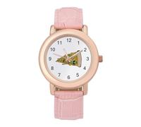 Orologio da polso analogico al quarzo con testa di alieno verde su una pizza, da donna, elegante, con cinturino in pelle, Stile:, regular, Cinturino